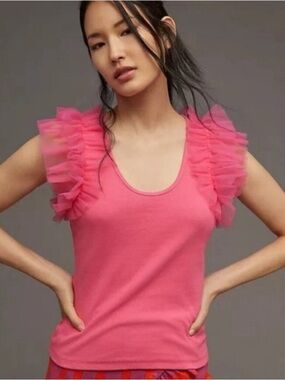 🎀 Anthropologie Dolan Pink Tulle Ruffle Puffy Sleeve Tank Blouse Medium 8 10 NWT